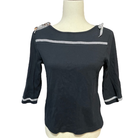 Navy Blue 3/4 sleeves blouse (sailor vibe) bow ties on each shoulder. Super cute - Picture 1 of 3
